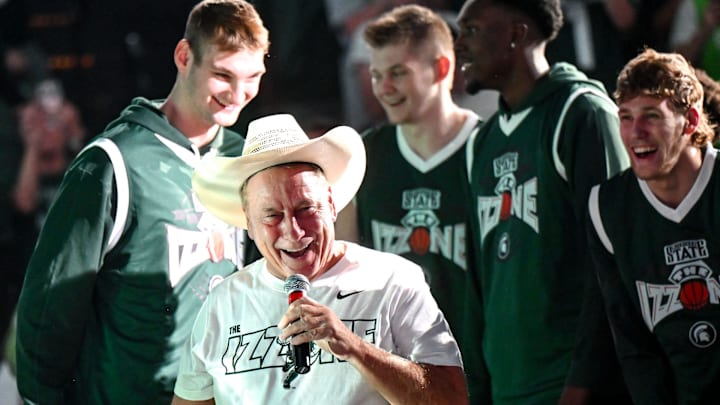 Michigan State men's basketball head coach Tom Izzo wears Gehrig Normand's cowboy hat during the Michigan State Madness event on Friday, Oct. 4, 2024, at the Breslin Center in East Lansing. Michigan State men's basketball head coach Tom Izzo wears Gehrig Normand's cowboy hat during the Michigan State Madness event on Friday, Oct. 4, 2024, at the Breslin Center in East Lansing.