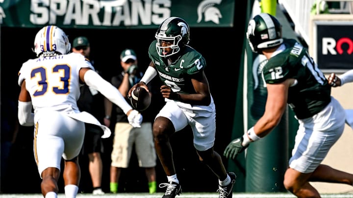 Michigan State's Aidan Chiles runs for a gain against Prairie View A&M during the second quarter on Saturday, Sept. 14, 2024, at Spartan Stadium in East Lansing.