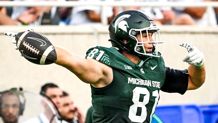Michigan State's Michael Masunas celebrates a first down after a catch against Florida Atlantic during the first quarter on Friday, Aug. 30, 2024, at Spartan Stadium in East Lansing. Michigan State's Michael Masunas celebrates a first down after a catch against Florida Atlantic during the first quarter on Friday, Aug. 30, 2024, at Spartan Stadium in East Lansing.