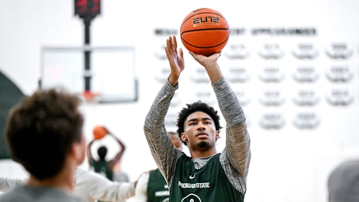 Michigan State's Jaden Akins shoots in practice during men's basketball media day on Thursday, Oct. 17, 2024, at the Breslin Center in East Lansing.