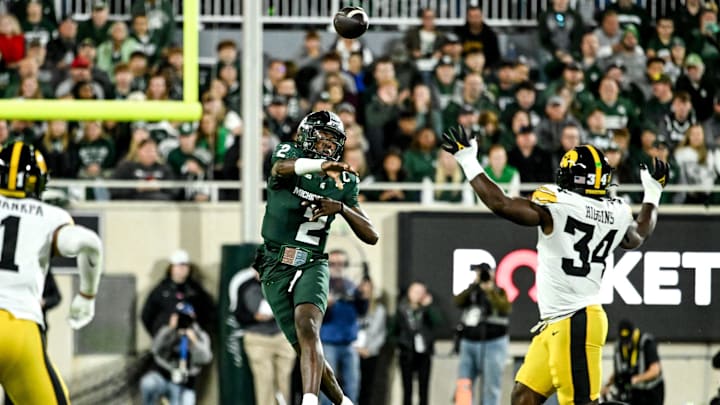 Michigan State's Aidan Chiles throws a pass against Iowa in the first quarter on Saturday, Oct. 19, 2024, at Spartan Stadium in East Lansing.