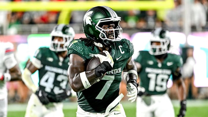 Michigan State's Jordan Turner returns an interception against Ohio State during the second quarter on Saturday, Sept. 28, 2024, at Spartan Stadium in East Lansing.