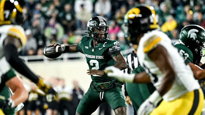 Michigan State's Aidan Chiles throws against Iowa in the first quarter on Saturday, Oct. 19, 2024, at Spartan Stadium in East Lansing.