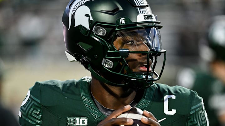 Michigan State's Aidan Chiles warms up before the game against Iowa on Saturday, Oct. 19, 2024, at Spartan Stadium in East Lansing.
