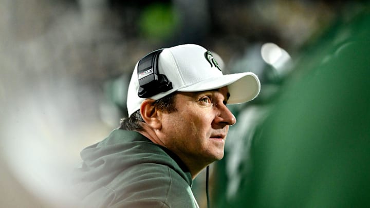 Michigan State's head coach Jonathan Smith looks on during the fourth quarter in the game against Iowa on Saturday, Oct. 19, 2024, at Spartan Stadium in East Lansing.