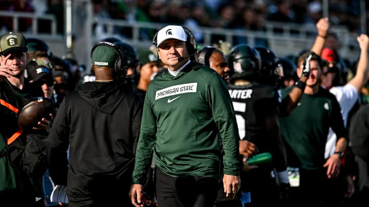 Michigan State's head coach Jonathan Smith looks on form the sideline during the first quarter in the game against Indiana on Saturday, Nov. 2, 2024, at Spartan Stadium in East Lansing.