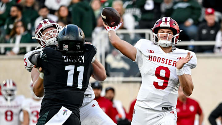 Indiana's Kurtis Rourke throws a pass during the third quarter in the game against Michigan State on Saturday, Nov. 2, 2024, at Spartan Stadium in East Lansing.