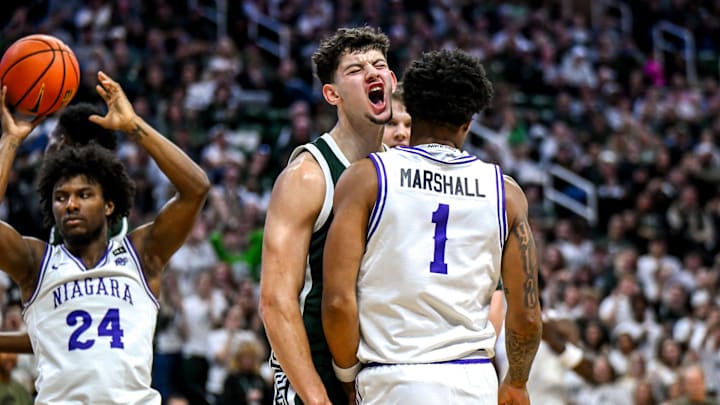 Michigan State's Frankie Fidler, left, celebrates after a score and drying a foul in front of Niagara's Jaeden Marshall during the second half on Thursday, Nov. 7, 2024, at the Breslin Center in East Lansing. Michigan State's Frankie Fidler, left, celebrates after a score and drying a foul in front of Niagara's Jaeden Marshall during the second half on Thursday, Nov. 7, 2024, at the Breslin Center in East Lansing.