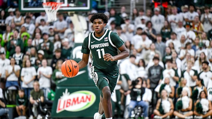Michigan State's Jase Richardson moves the ball against Niagara during the first half on Thursday, Nov. 7, 2024, at the Breslin Center in East Lansing.