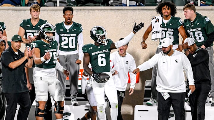 Michigan State's Nick Marsh celebrates a first down after a catch against Ohio State during the second quarter on Saturday, Sept. 28, 2024, at Spartan Stadium in East Lansing.