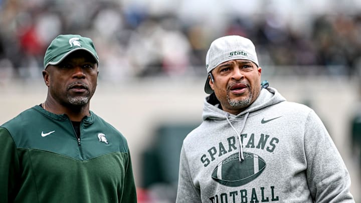 Michigan State's wide receivers coach Courtney Hawkins, left, and cornerbacks coach Demetrice Martin look on during the Spring Showcase on Saturday, April 20, 2024, at Spartan Stadium in East Lansing.