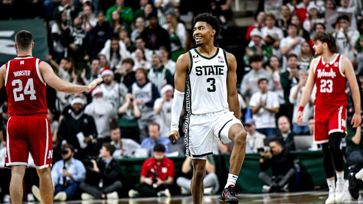 Michigan State's Jaden Akins celebrates after a Nebraska turnover during the second half on Saturday, Dec. 7, 2024, at the Breslin Center in East Lansing.