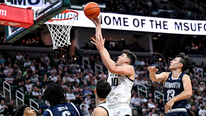 Michigan State's Szymon Zapala scores against Monmouth during the second half on Monday, Nov. 4, 2024, at the Breslin Center in East Lansing.
