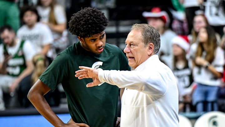 Michigan State's head coach Tom Izzo, right, talks with Jase Richardson before the game against Nebraska on Saturday, Dec. 7, 2024, at the Breslin Center in East Lansing.