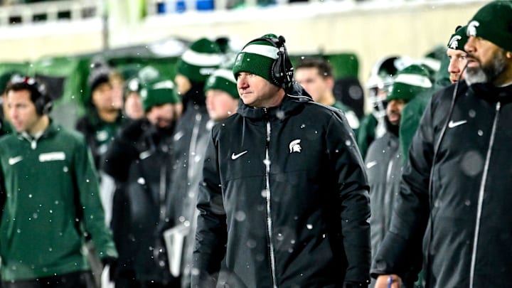 Michigan State's head coach Jonathan Smith looks on from the sideline during the third quarter in the game against Rutgers on Saturday, Nov. 30, 2024, at Spartan Stadium in East Lansing. Michigan State's head coach Jonathan Smith looks on from the sideline during the third quarter in the game against Rutgers on Saturday, Nov. 30, 2024, at Spartan Stadium in East Lansing.