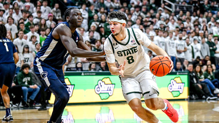 Michigan State's Frankie Fidler, right, moves the ball as Penn State's Kachi Nzeh defends during the second half on Wednesday, Jan. 15, 2025, at the Breslin Center in East Lansing. Michigan State's Frankie Fidler, right, moves the ball as Penn State's Kachi Nzeh defends during the second half on Wednesday, Jan. 15, 2025, at the Breslin Center in East Lansing.