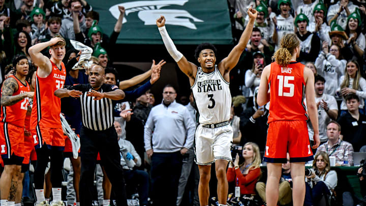 Michigan State's Jaden Akins, center, celebrates after Illinois' last shot was no good during the second half on Sunday, Jan. 19, 2025, at the Breslin Center in East Lansing. Michigan State's Jaden Akins, center, celebrates after Illinois' last shot was no good during the second half on Sunday, Jan. 19, 2025, at the Breslin Center in East Lansing.