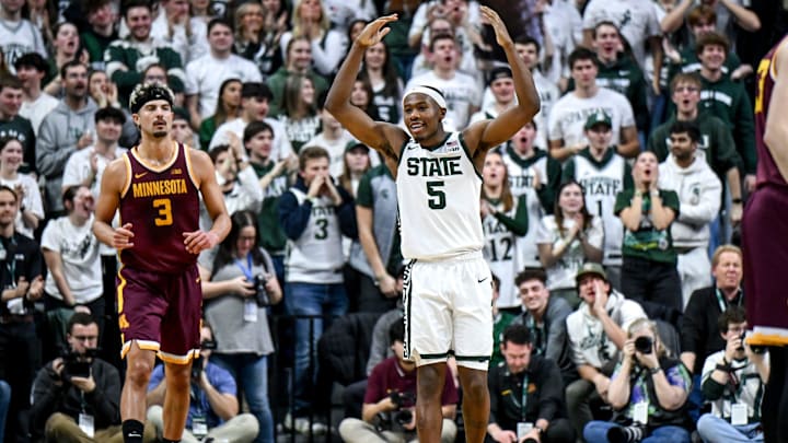 Michigan State's Tre Holloman celebrates after making a 3-pointer against Minnesota during the first half on Tuesday, Jan. 28, 2025, at the Breslin Center in East Lansing. Michigan State's Tre Holloman celebrates after making a 3-pointer against Minnesota during the first half on Tuesday, Jan. 28, 2025, at the Breslin Center in East Lansing.