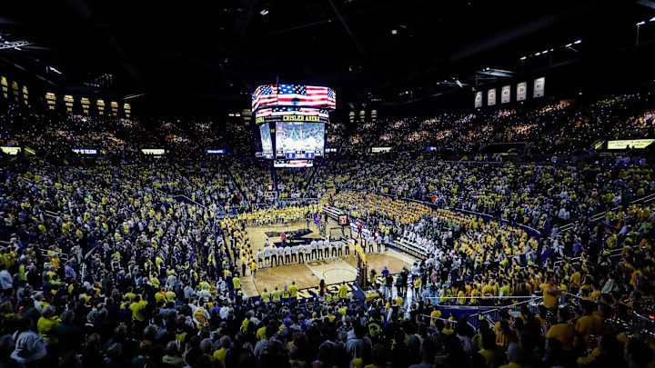 National anthem before the first half of the game between Michigan and Michigan State at Crisler Center in Ann Arbor on Saturday, Feb. 18, 2023.