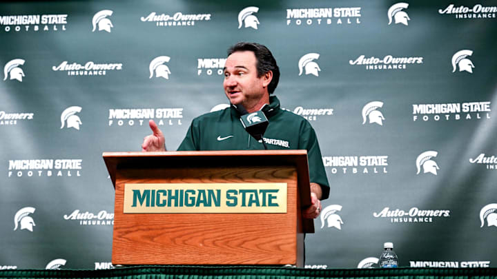 Michigan State coach Jonathan Smith talks the media on the first national signing day for college football recruits Wednesday, Dec. 4, 2024, at Spartan Stadium in East Lansing.