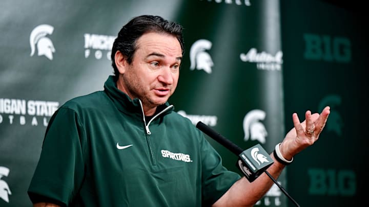 Michigan State coach Jonathan Smith talks the media on the first national signing day for college football recruits Wednesday, Dec. 4, 2024, at Spartan Stadium in East Lansing.