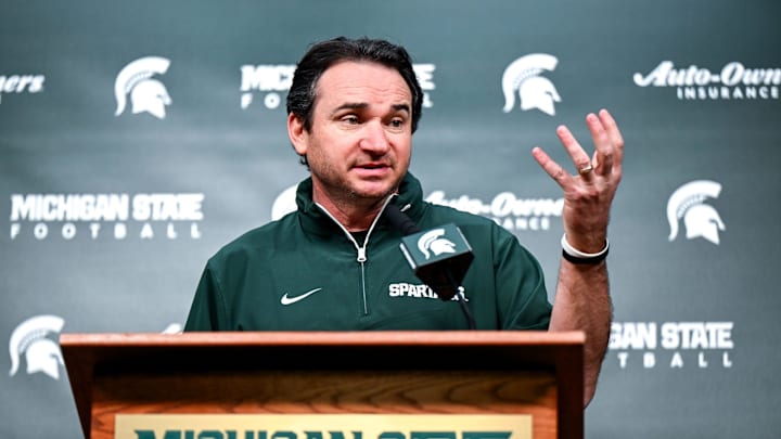 Michigan State coach Jonathan Smith talks the media on the first national signing day for college football recruits Wednesday, Dec. 4, 2024, at Spartan Stadium in East Lansing.