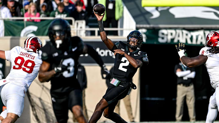 Michigan State's Aidan Chiles throws a pass against Indiana during the first quarter on Saturday, Nov. 2, 2024, at Spartan Stadium in East Lansing.