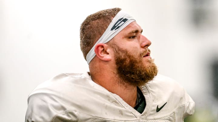Michigan State's Maverick Hansen looks on during camp on Monday, Aug. 5, 2024, at the indoor practice facility in East Lansing. Michigan State's Maverick Hansen looks on during camp on Monday, Aug. 5, 2024, at the indoor practice facility in East Lansing.