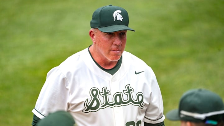 Michigan State's head coach Jake Boss Jr. heads to the dugout during the seventh inning in the game against Ohio State on Friday, April 18, 2025, at McLane Stadium in East Lansing.