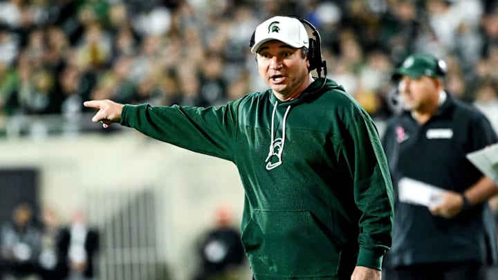 Michigan State's head coach Jonathan Smith calls out to a referee in the second quarter in the game against Iowa on Saturday, Oct. 19, 2024, at Spartan Stadium in East Lansing.