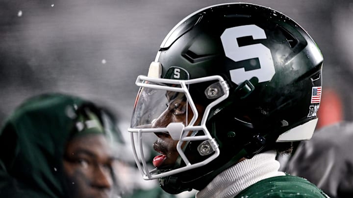 Michigan State's Aidan Chiles looks on from the sideline during the fourth quarter in the game against Rutgers on Saturday, Nov. 30, 2024, at Spartan Stadium in East Lansing.