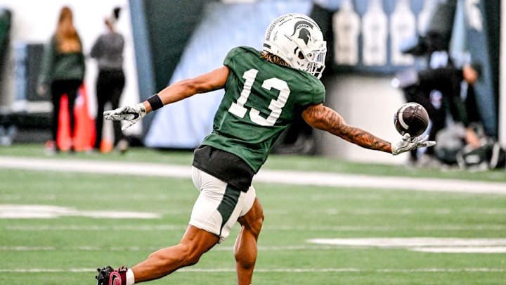 Michigan State receiver Chrishon McCray catches a pass during football practice on Tuesday, April 8, 2025, in East Lansing.