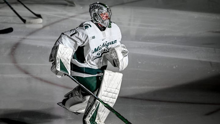 Michigan State's Trey Augustine is introduced before the game against Minnesota on Saturday, Jan. 25, 2025, at Munn Arena in East Lansing.