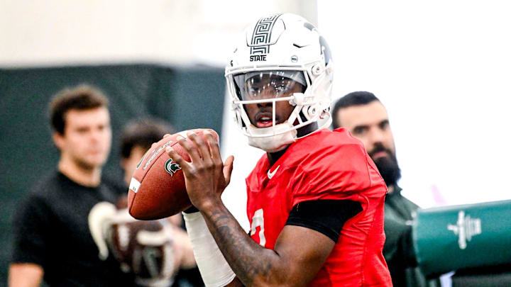 Michigan State's Aidan Chiles looks to throw during football practice on Tuesday, April 8, 2025, in East Lansing. Michigan State's Aidan Chiles looks to throw during football practice on Tuesday, April 8, 2025, in East Lansing.