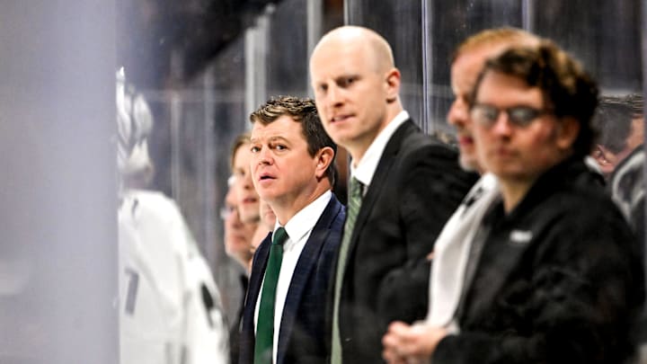 Michigan State's head coach Adam Nightingale looks on against Minnesota during the second period on Saturday, Jan. 25, 2025, at Munn Arena in East Lansing.