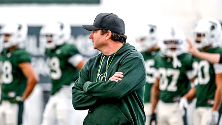 Michigan State head coach Jonathan Smith looks on during practice on Tuesday, April 8, 2025, in East Lansing.