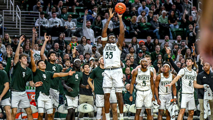 Michigan State's Coen Carr makes a 3-pointer against Florida Atlantic during the second half on Saturday, Dec. 21, 2024, in East Lansing. Michigan State's Coen Carr makes a 3-pointer against Florida Atlantic during the second half on Saturday, Dec. 21, 2024, in East Lansing.