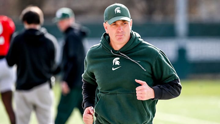 Michigan State offensive coordinator Brian Lindgren looks on during football practice on Tuesday, April 8, 2025, in East Lansing.