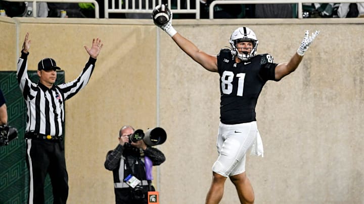 Michigan State's Michael Masunas celebrates after a touchdown catch against Boston College during the second quarter on Saturday, Sept. 6, 2025, at Spartan Stadium in East Lansing.