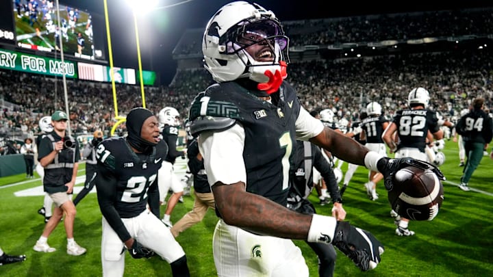 Michigan State's Omari Kelly celebrates after his game-winning two-point conversion against Boston College after the second overtime on Saturday, Sept. 6, 2025, at Spartan Stadium in East Lansing.