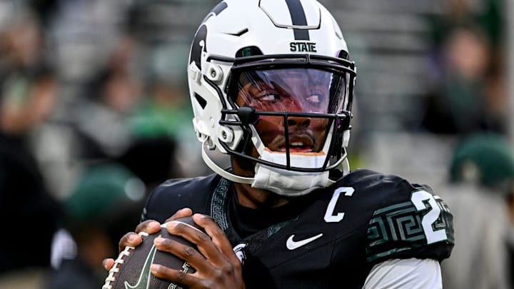 Michigan State's Aidan Chiles warms up before the football game against Boston College on Saturday, Sept. 6, 2025, at Spartan Stadium in East Lansing. Michigan State's Aidan Chiles warms up before the football game against Boston College on Saturday, Sept. 6, 2025, at Spartan Stadium in East Lansing.