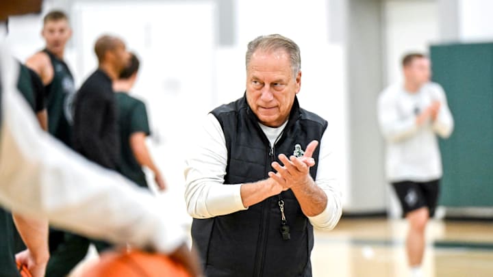 Michigan State's coach Tom Izzo looks on during the first day of basketball practice on Monday, Sept. 22, 2025, at the Breslin Center in East Lansing.