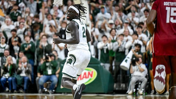 Michigan State's Kur Teng gets back on defense after a 3-pointer against Colgate during the first half on Monday, Nov. 3, 2025, at the Breslin Center in East Lansing.