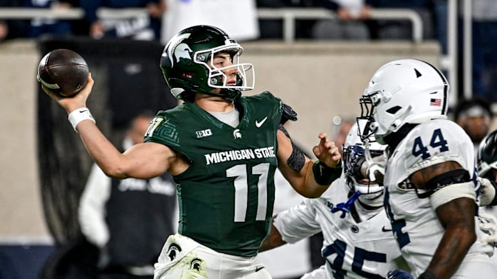 Michigan State's Alessio Milivojevic throws a pass against Penn State during the fourth quarter on Saturday, Nov. 15, 2025, at Spartan Stadium in East Lansing.