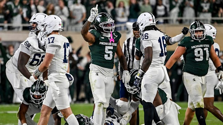 Michigan State's Jordan Hall celebrates a stop against Penn State during the third quarter on Saturday, Nov. 15, 2025, at Spartan Stadium in East Lansing. Michigan State's Jordan Hall celebrates a stop against Penn State during the third quarter on Saturday, Nov. 15, 2025, at Spartan Stadium in East Lansing.