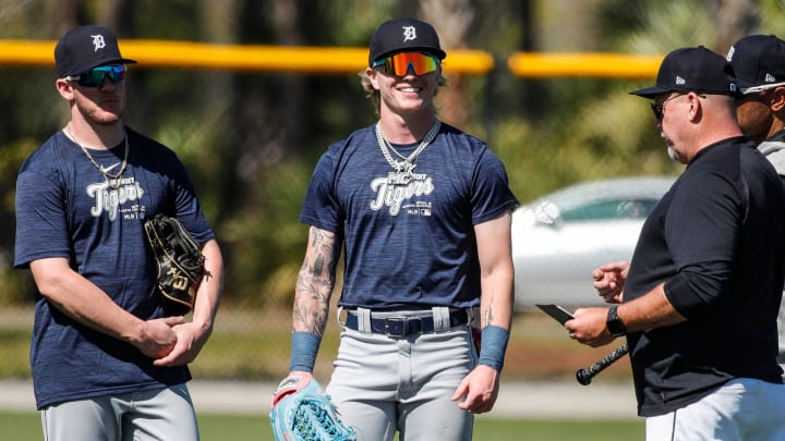 Detroit Tigers outfielder prospect Max Clark works out during spring training at TigerTown in Lakeland, Fla. on Thursday, Feb. 22, 2024. Detroit Tigers outfielder prospect Max Clark works out during spring training at TigerTown in Lakeland, Fla. on Thursday, Feb. 22, 2024.