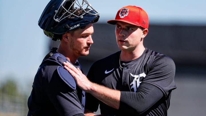 Detroit Tigers pitcher Tarik Skubal talks to catcher Dillon Dingler after live batting practice during spring training at TigerTown in Lakeland, Fla. on Friday, Feb. 23, 2024. Detroit Tigers pitcher Tarik Skubal talks to catcher Dillon Dingler after live batting practice during spring training at TigerTown in Lakeland, Fla. on Friday, Feb. 23, 2024.