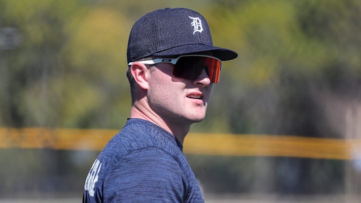 Tigers prospect Kevin McGonigle during spring training at TigerTown in Lakeland, Florida, on Thursday, Feb. 22, 2024. Tigers prospect Kevin McGonigle during spring training at TigerTown in Lakeland, Florida, on Thursday, Feb. 22, 2024.