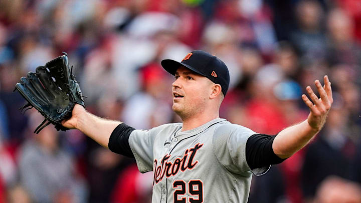 Detroit Tigers pitcher Tarik Skubal (29) celebrates after a double play against Cleveland Guardians in the sixth inning of Game 2 of ALDS at Progressive Field in Cleveland, Ohio on Monday, Oct. 7, 2024.