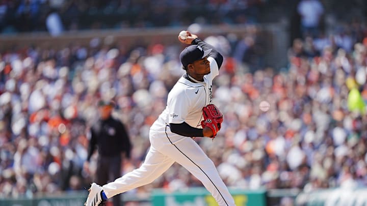 Detroit Tigers Framber Valdez (59) pitches in the first inning against the St. Louis Cardinals during the Detroit Tigers Opening Day at Comerica Park in Detroit, Friday, April 3, 2026.
